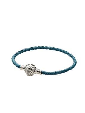 Pandora Teal Braided Leather Bracelet with Silver Swirl Clasp